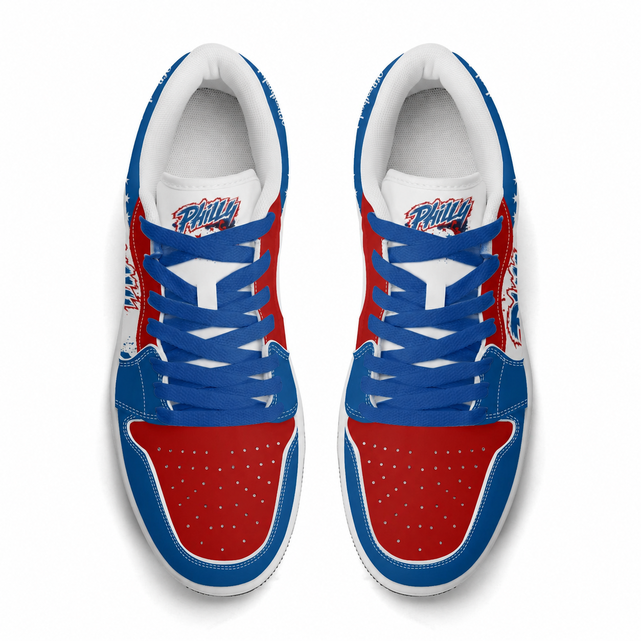 Philadelphia basketball-inspired Jamrock Low sneakers in red, white, and blue with blue laces, top-down view of the pair