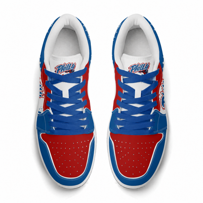 Philadelphia basketball-inspired Jamrock Low sneakers in red, white, and blue with blue laces, top-down view of the pair