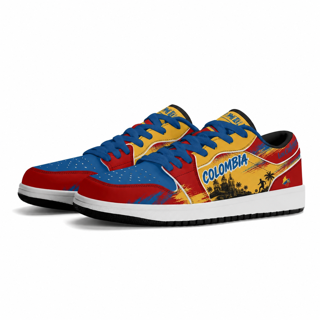 Colombia soccer flag Jamrock Low sneakers with yellow blue red black and white design, Colombia text, Los Cafeteros details, skyline artwork, palm accents, and soccer fan styling