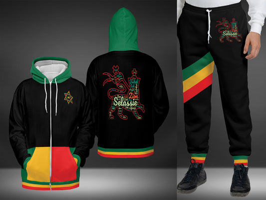 Rasta Lion Of Judah Sweatsuit - Black w Green Hood