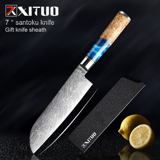 Santoku Knife with Blue Resin Wood Handles | Ocean Wave Collection