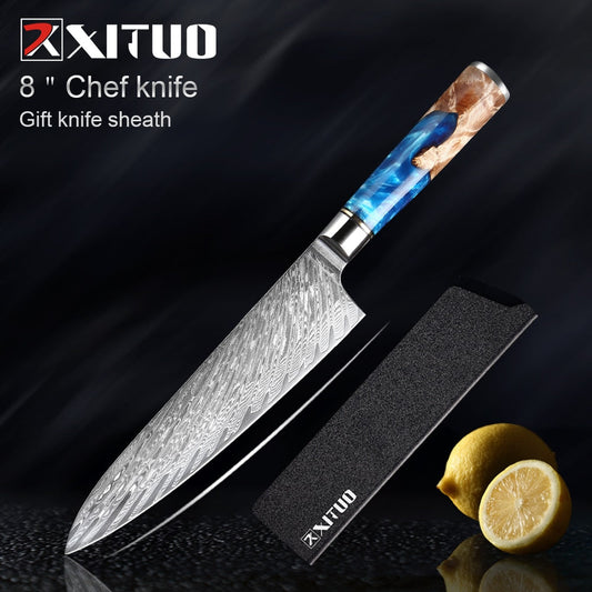 8" Chef Knife with Blue Resin Wood Handles | Ocean Wave Collection
