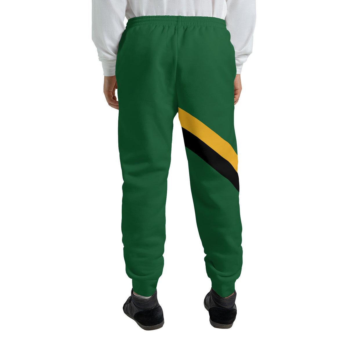 Two-tone Jamaica Yaadie Pride jogger sweatpants with a gold front and green back, diagonal sash and Jamaican flag hip print