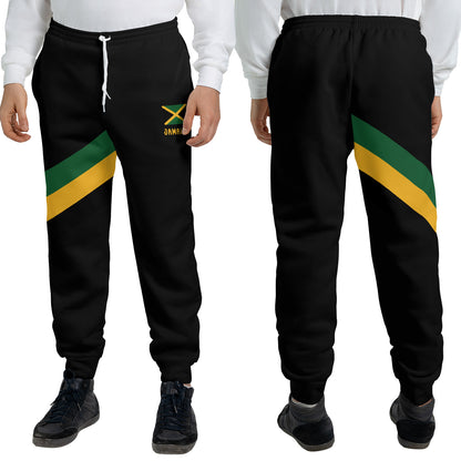 Black Jamaica Yaadie Pride jogger sweatpants with a green and gold diagonal sash on the thigh and a Jamaican flag hip print
