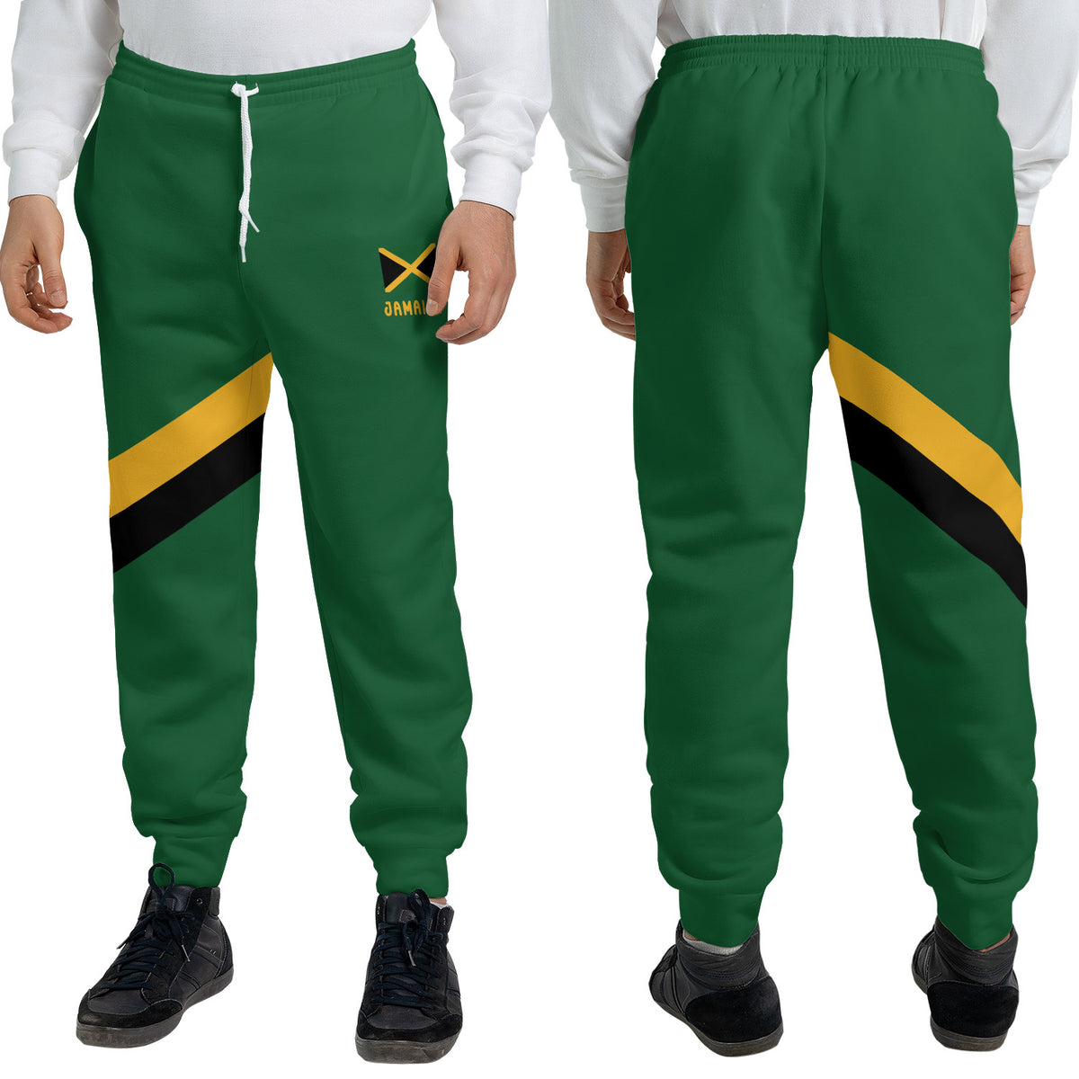 Green Jamaica Yaadie Pride jogger sweatpants with a gold and black diagonal sash on the thigh and a Jamaican flag hip print