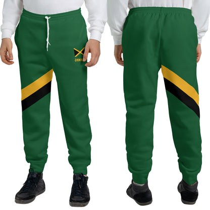 Green Jamaica Yaadie Pride jogger sweatpants with a gold and black diagonal sash on the thigh and a Jamaican flag hip print