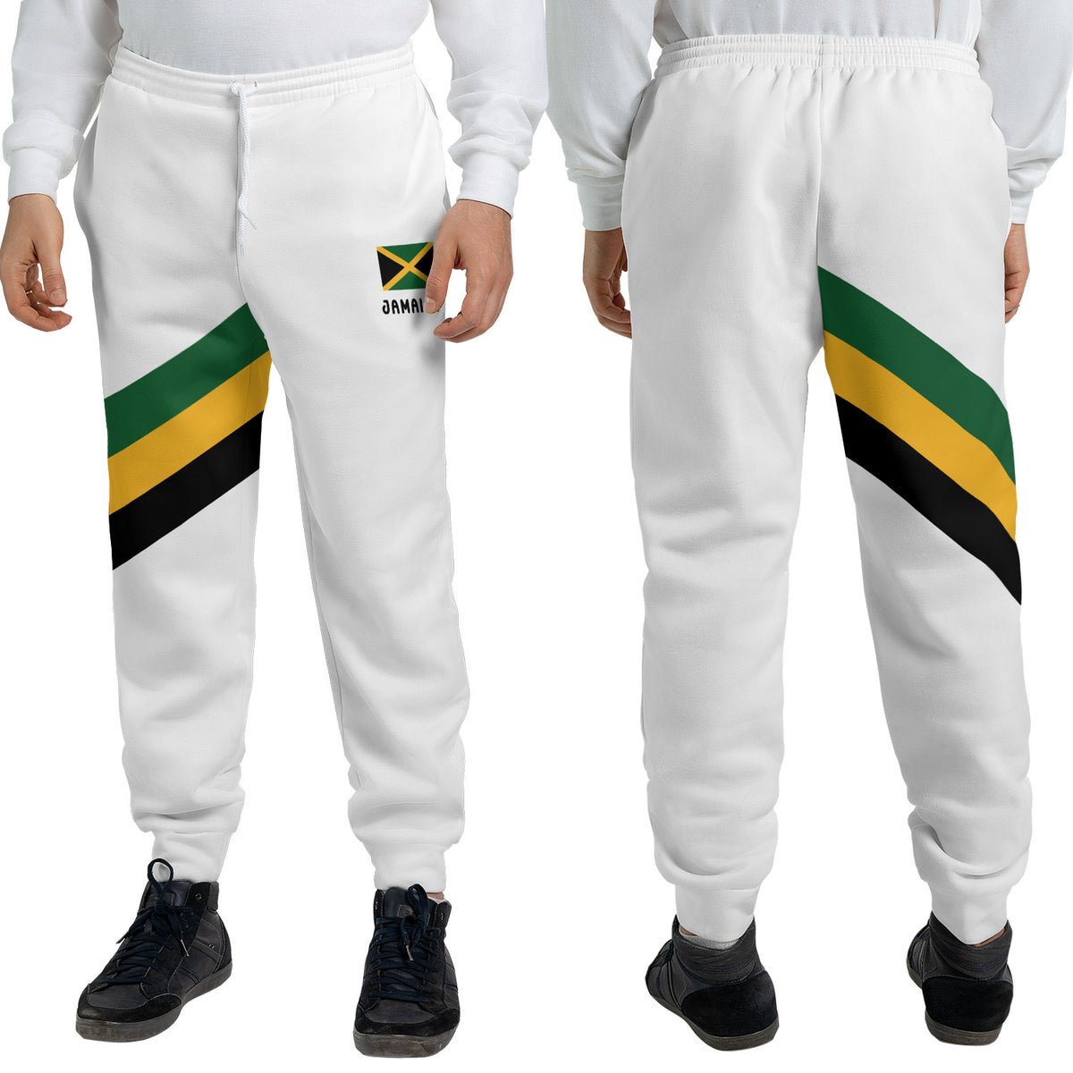 White Jamaica Yaadie Pride jogger sweatpants with a green, gold and black diagonal sash on the thigh and a Jamaican flag hip print