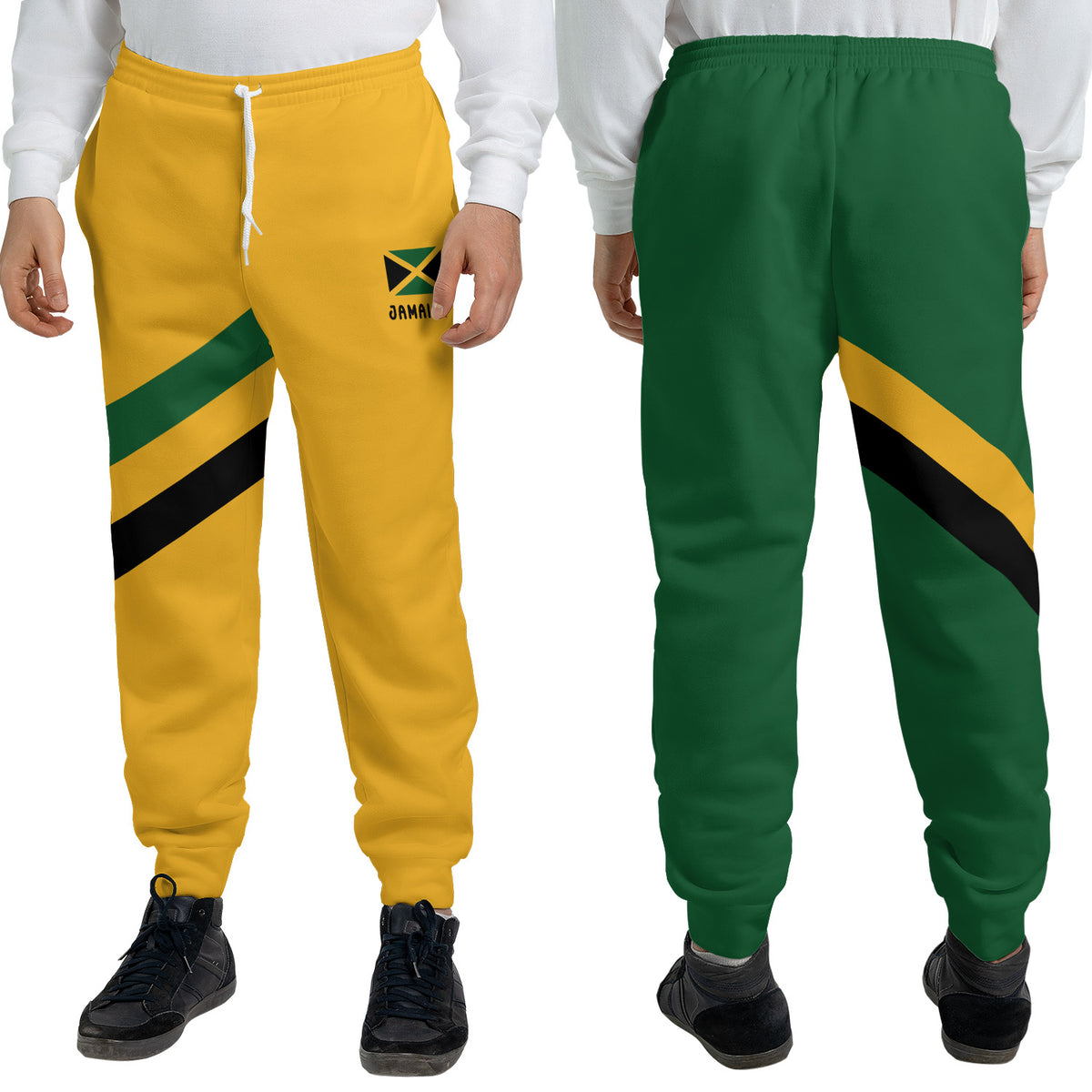 Two-tone Jamaica Yaadie Pride jogger sweatpants with a gold front and green back, diagonal sash and Jamaican flag hip print