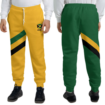 Two-tone Jamaica Yaadie Pride jogger sweatpants with a gold front and green back, diagonal sash and Jamaican flag hip print