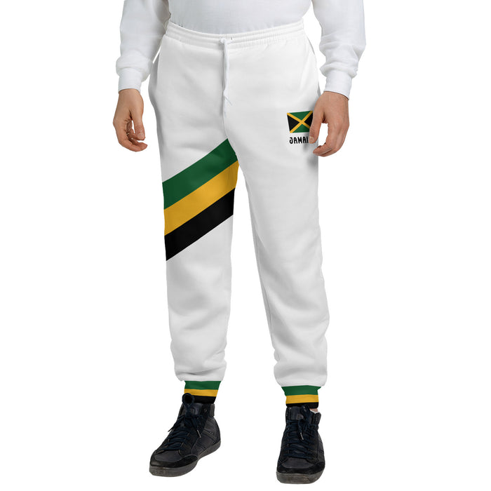 White Jamaica Yaadie Pride jogger sweatpants with a green, gold and black diagonal sash and a Jamaican flag print on the hip