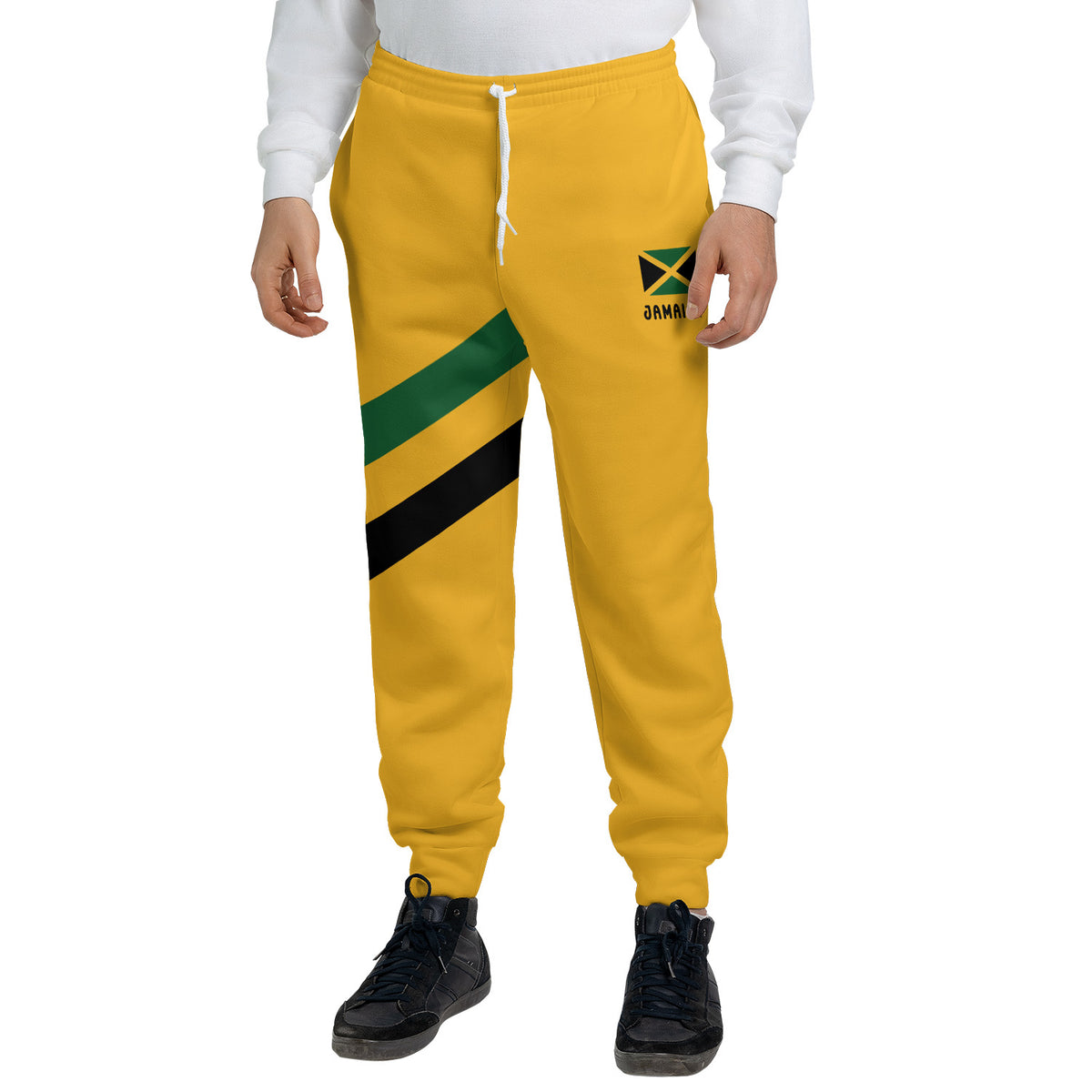 Two-tone Jamaica Yaadie Pride jogger sweatpants with a gold front and green back, diagonal sash and Jamaican flag hip print