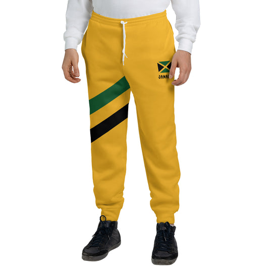 Two-tone Jamaica Yaadie Pride jogger sweatpants with a gold front and green back, diagonal sash and Jamaican flag hip print