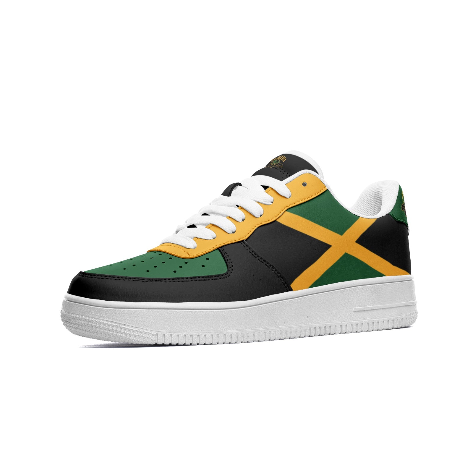 Jamaican color shoes with black, green, and gold design. Unisex Jamaican sneakers on a white background.