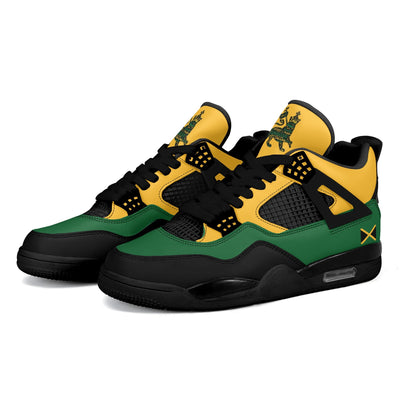 Jamaican color shoes with black, green, and gold design. Jamaican sneakers for men and women on a white background.