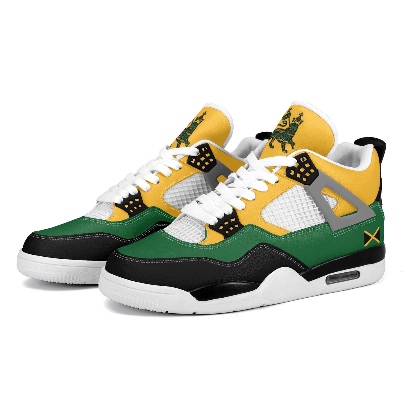 Jamaican color shoes with black, green, and gold design. Jamaican sneakers for men and women on a white background.