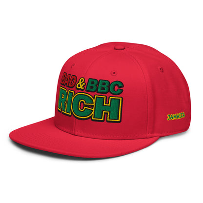 Bad & BBC Rich Snapback Hat – 3D Puff Embroidered Rasta Jamaica Flat Brim Cap