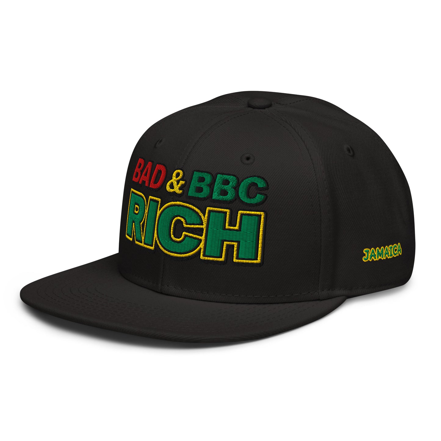 Bad & BBC Rich Snapback Hat – 3D Puff Embroidered Rasta Jamaica Flat Brim Cap
