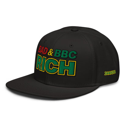 Bad & BBC Rich Snapback Hat – 3D Puff Embroidered Rasta Jamaica Flat Brim Cap