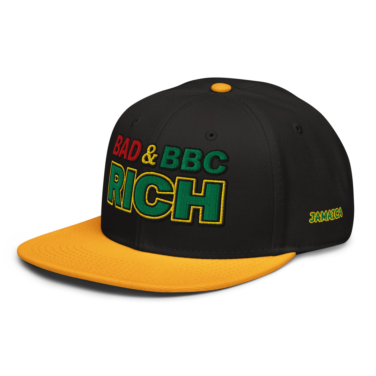 Bad & BBC Rich Snapback Hat – 3D Puff Embroidered Rasta Jamaica Flat Brim Cap