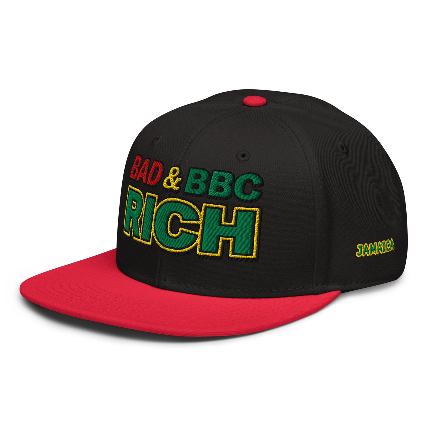 Bad & BBC Rich Snapback Hat – 3D Puff Embroidered Rasta Jamaica Flat Brim Cap