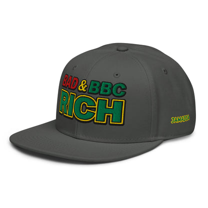 Bad & BBC Rich Snapback Hat – 3D Puff Embroidered Rasta Jamaica Flat Brim Cap