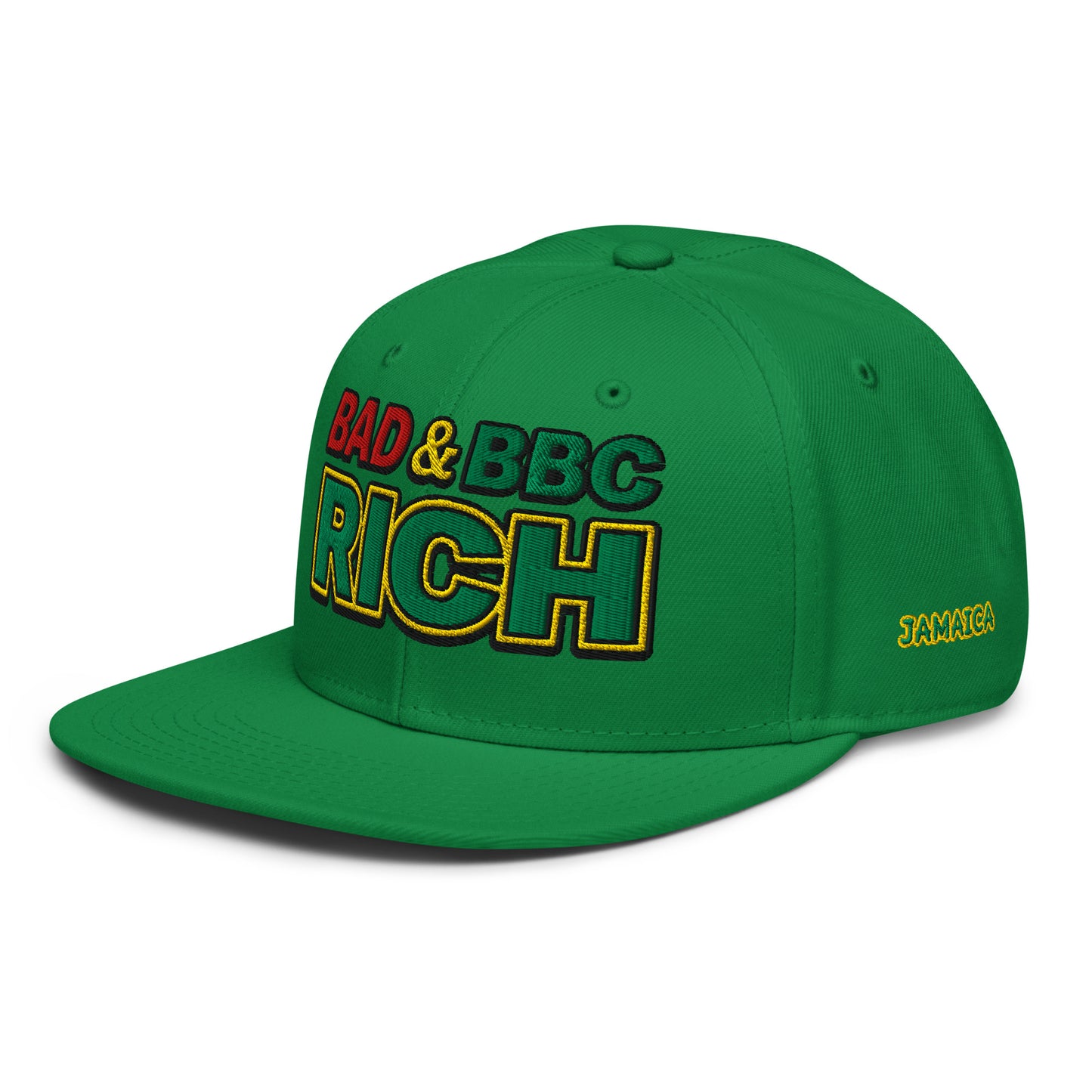 Bad & BBC Rich Snapback Hat – 3D Puff Embroidered Rasta Jamaica Flat Brim Cap