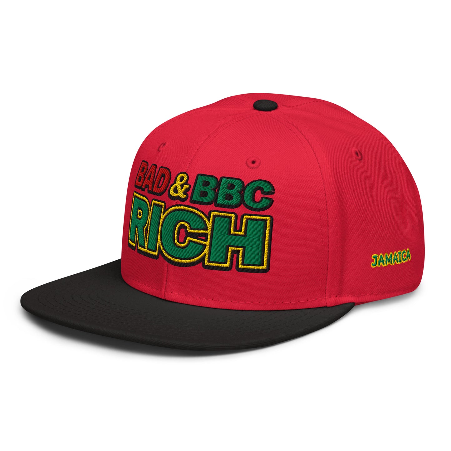 Bad & BBC Rich Snapback Hat – 3D Puff Embroidered Rasta Jamaica Flat Brim Cap