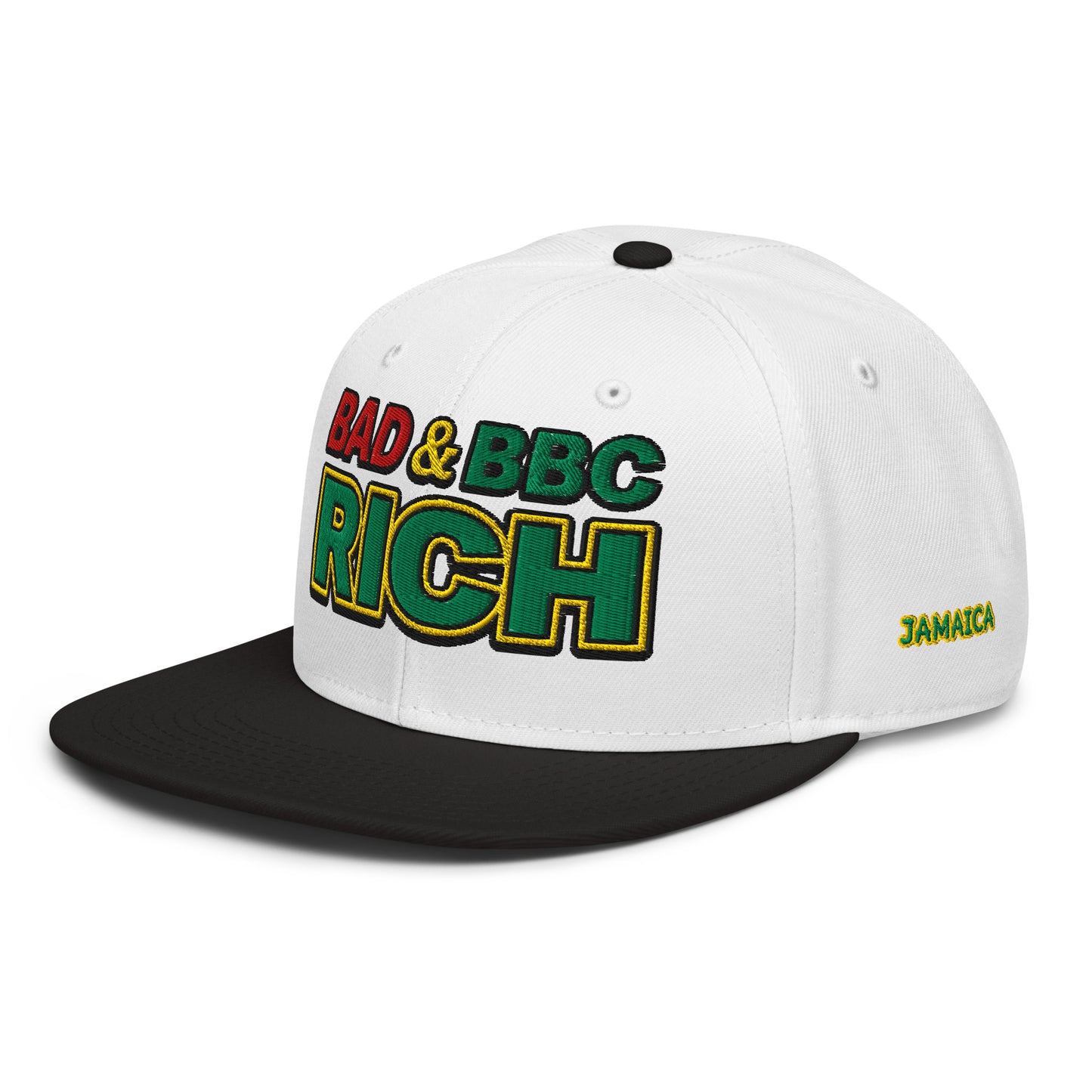 Bad & BBC Rich Snapback Hat – 3D Puff Embroidered Rasta Jamaica Flat Brim Cap