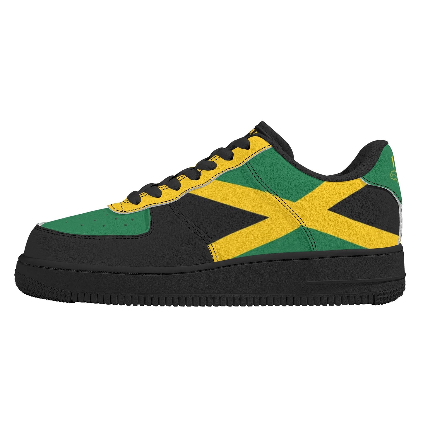 Jamaican color shoes with black, green, and gold design. Unisex Jamaican sneakers on a white background.