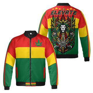 A multicolored quilted bomber jacket with 'ELEVATE' and cannabis leaf graphics on the back, featuring a geometric pattern.