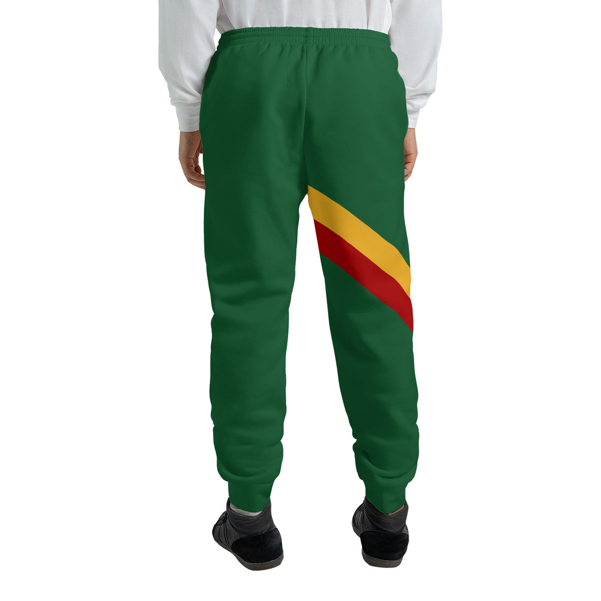 Green Rasta Lion of Judah jogger sweatpants with a gold and red diagonal sash and a Selassie lion crest at the hip