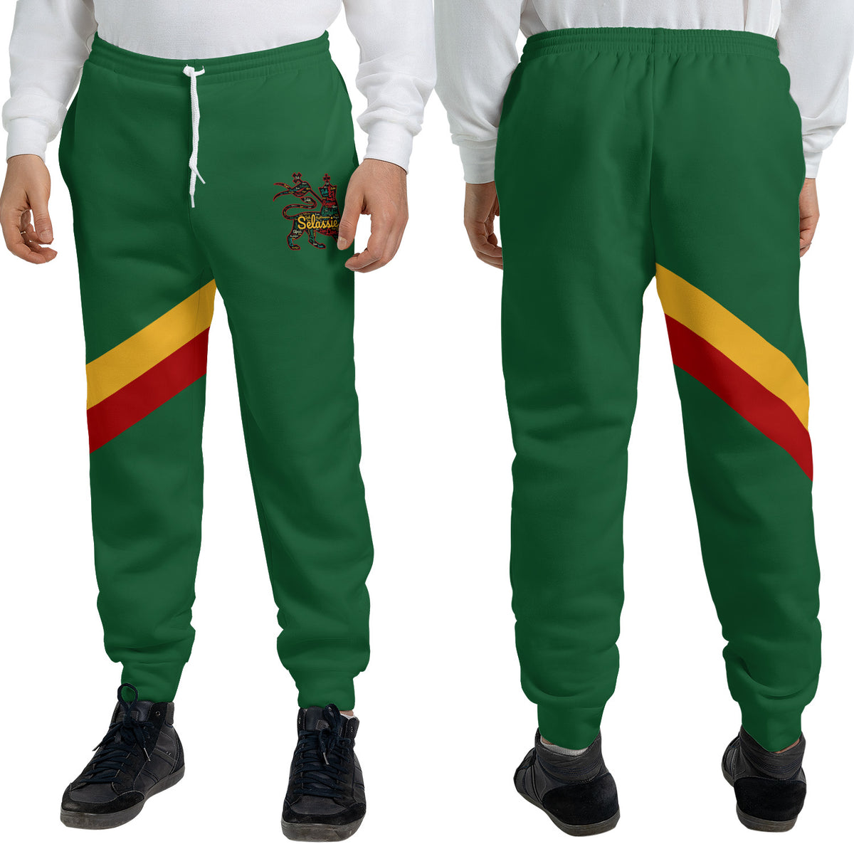 Green Rasta Lion of Judah jogger sweatpants with a gold and red diagonal sash and a Selassie lion crest at the hip