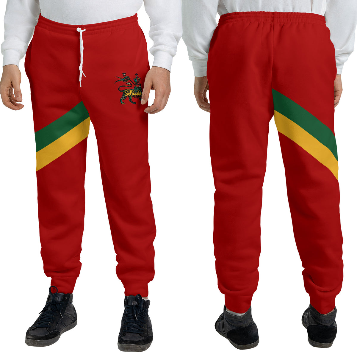 Red Rasta Lion of Judah jogger sweatpants with a green and gold diagonal sash and a Selassie lion crest at the hip