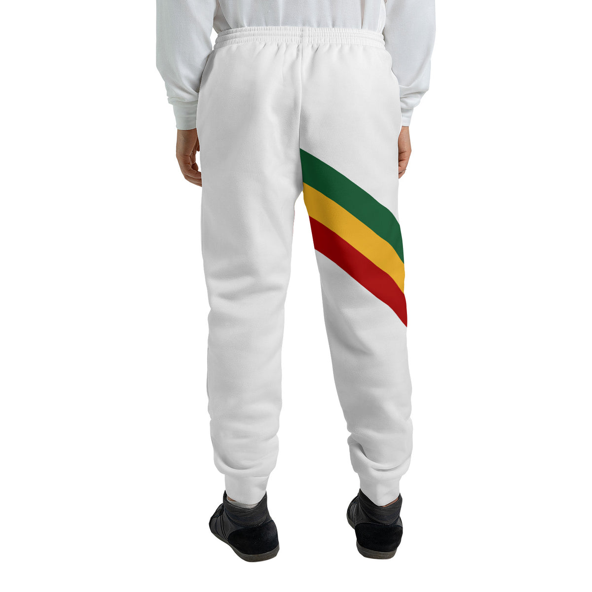 White Rasta Lion of Judah jogger sweatpants with a green, gold and red diagonal sash and a Selassie lion crest at the hip