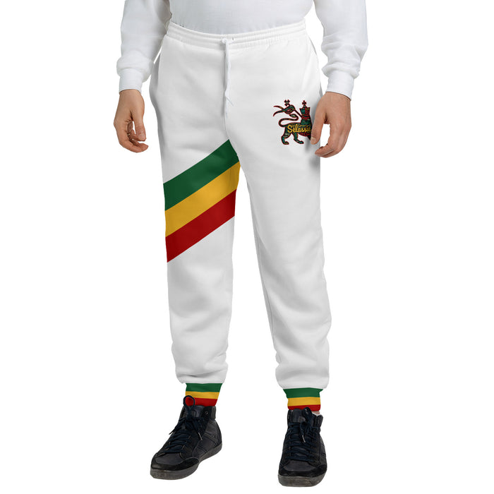 White Rasta Lion of Judah jogger sweatpants with a full green, gold and red diagonal sash and ribbed Rasta ankle cuffs