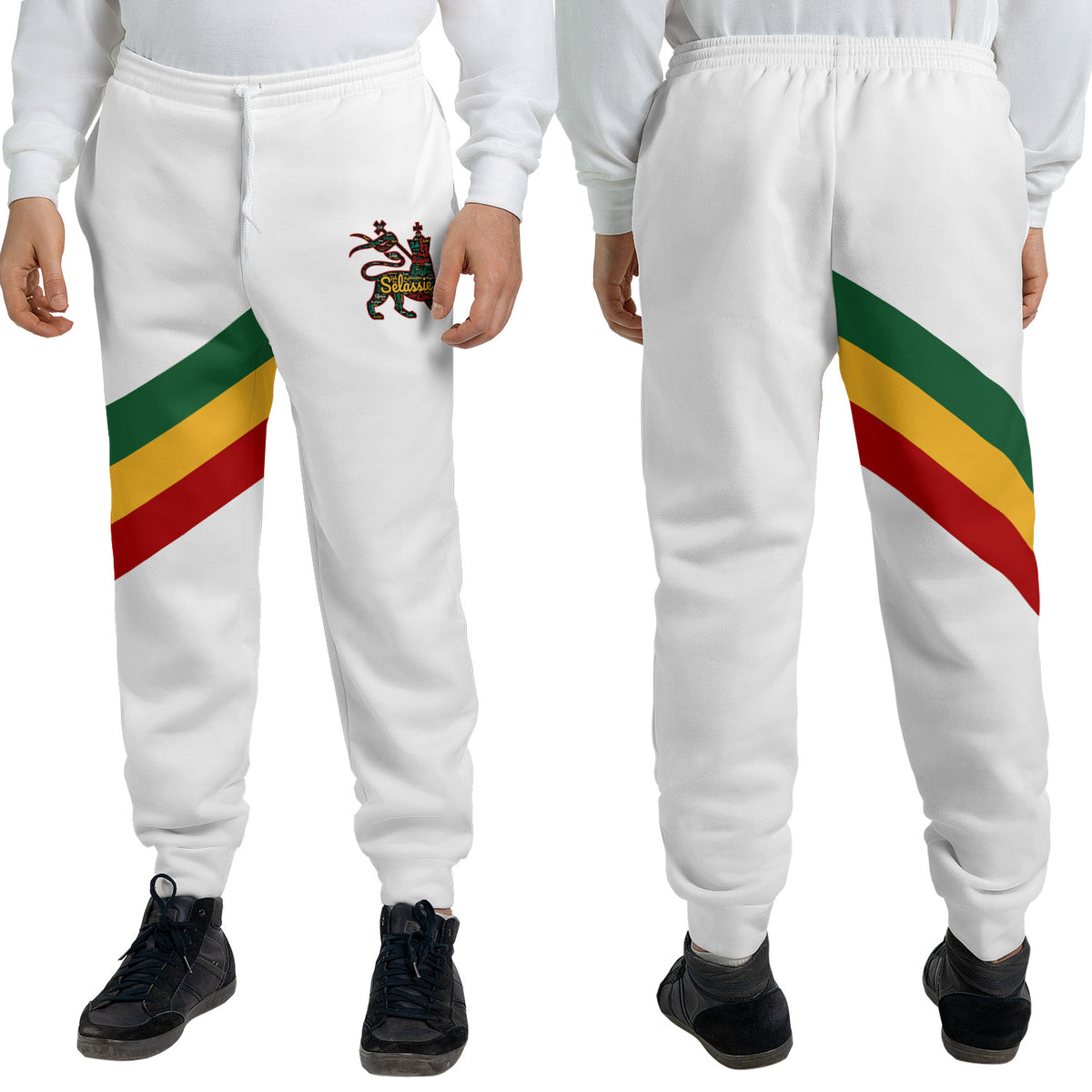 White Rasta Lion of Judah jogger sweatpants with a green, gold and red diagonal sash and a Selassie lion crest at the hip