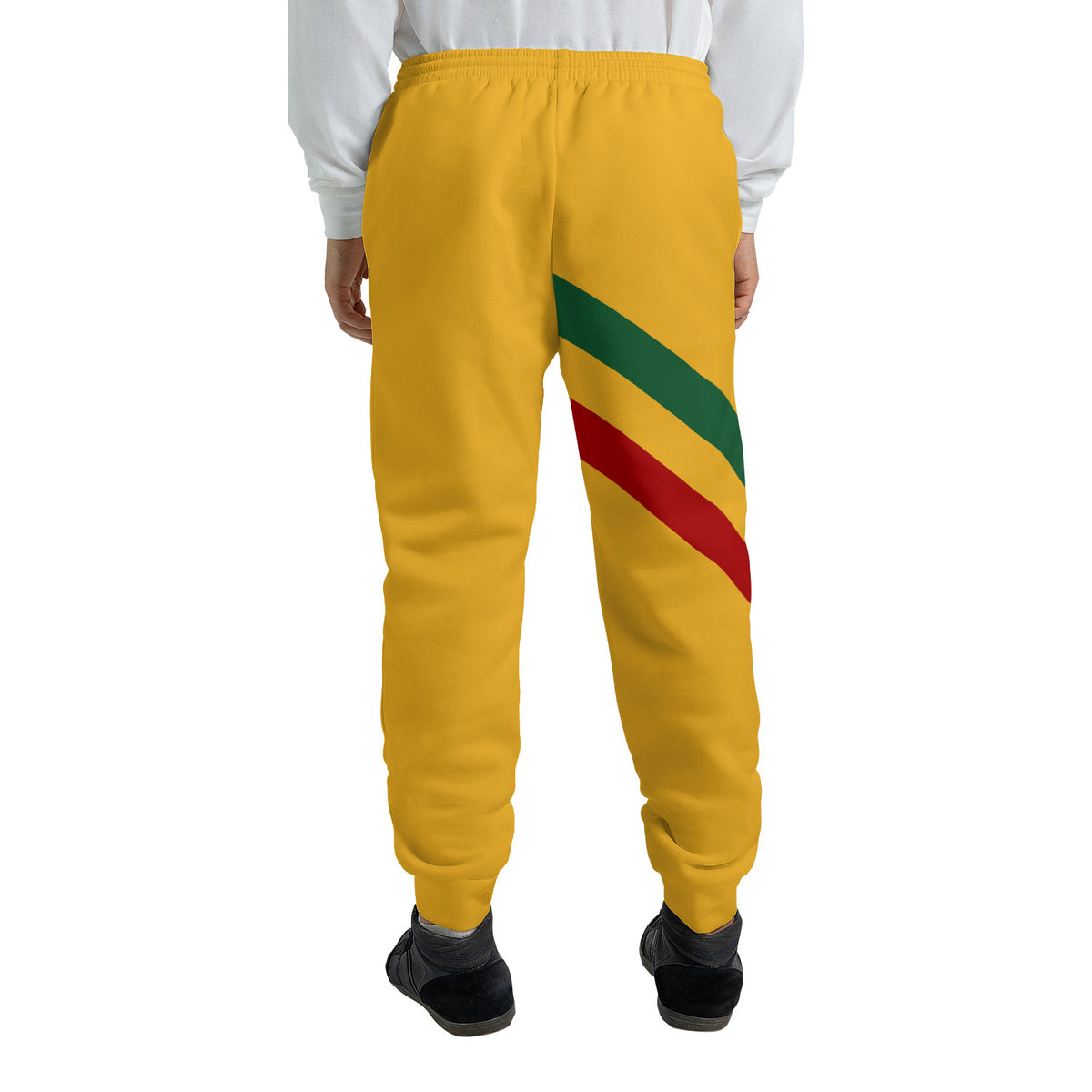 Gold Rasta Lion of Judah jogger sweatpants with a green and red diagonal sash and a Selassie lion crest at the hip
