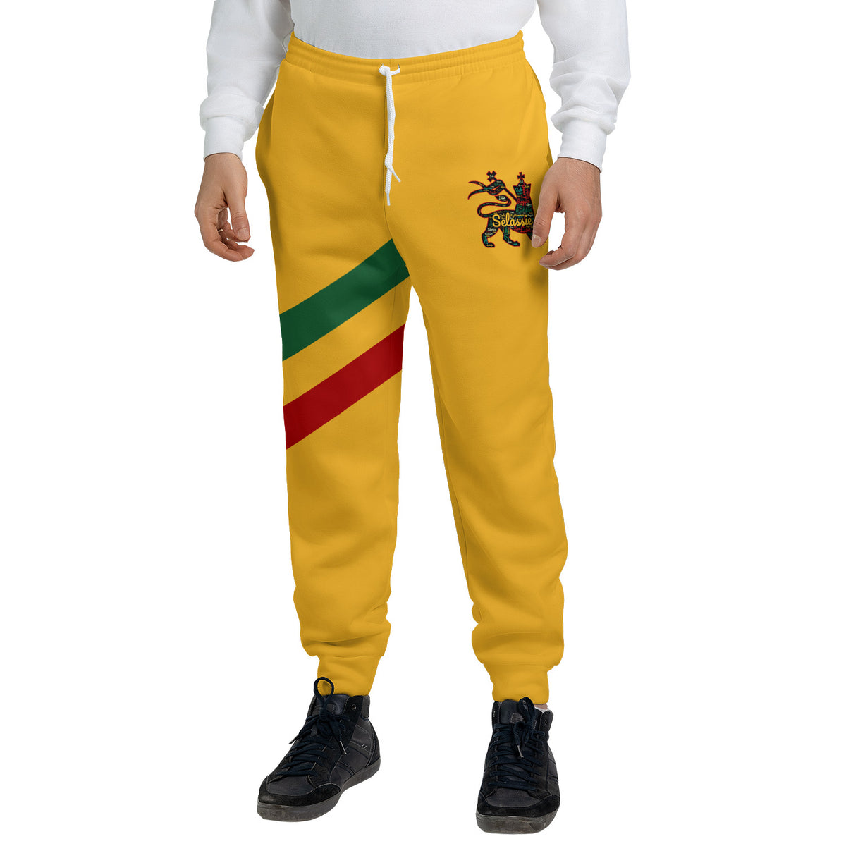 Gold Rasta Lion of Judah jogger sweatpants with a green and red diagonal sash and a Selassie lion crest at the hip
