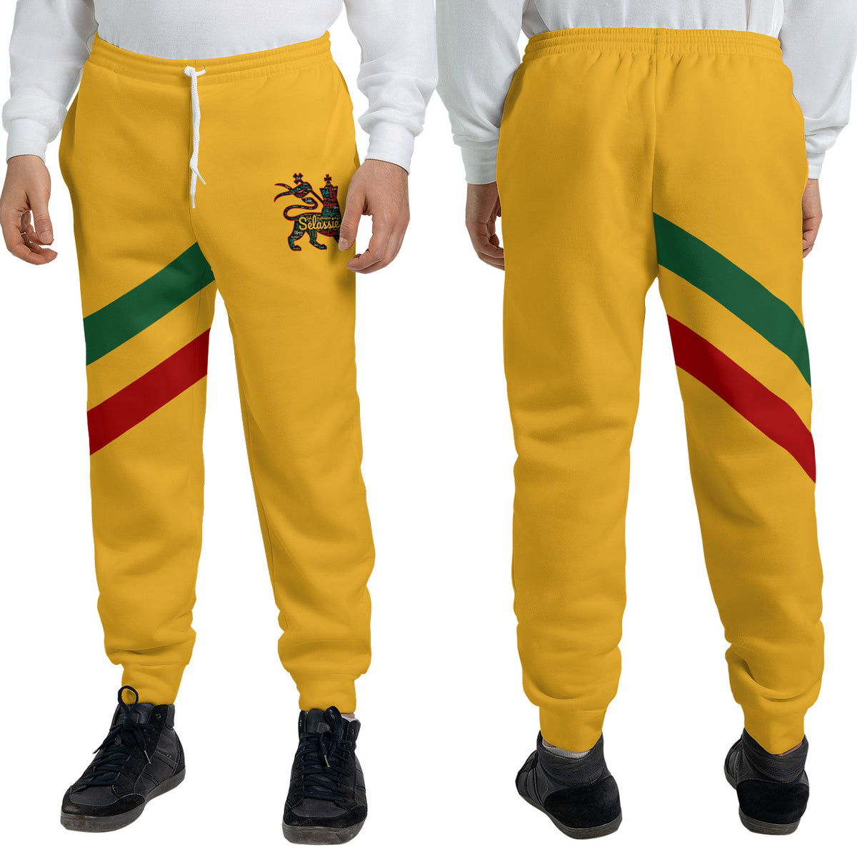 Gold Rasta Lion of Judah jogger sweatpants with a green and red diagonal sash and a Selassie lion crest at the hip
