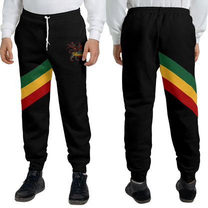Black Rasta Lion of Judah jogger sweatpants with a green, gold and red diagonal sash and a Selassie lion crest at the hip