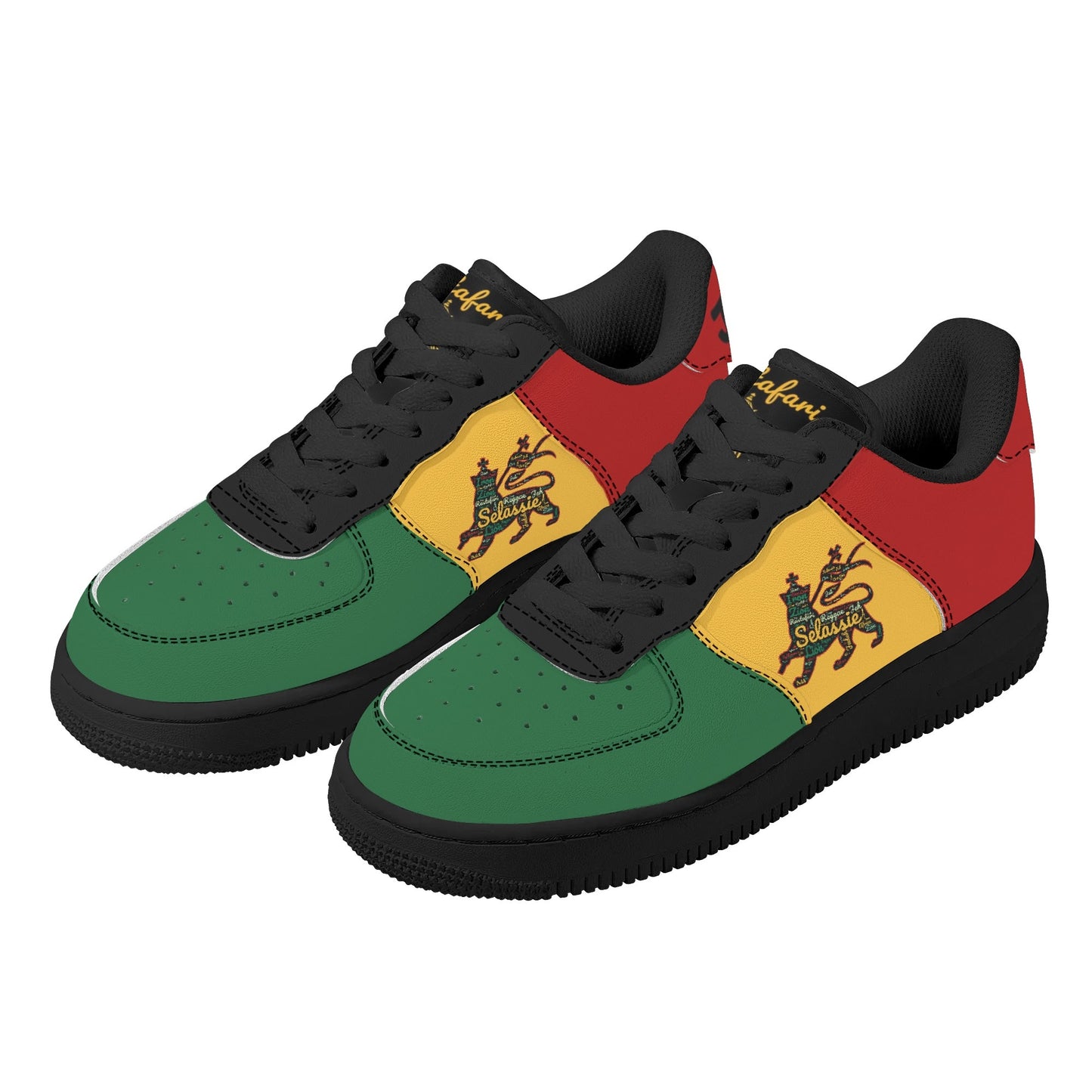 Rastafari Shoes that are low top red green and gold sneakers.