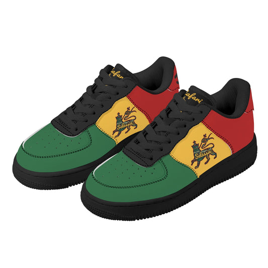 Rastafari Shoes that are low top red green and gold sneakers.