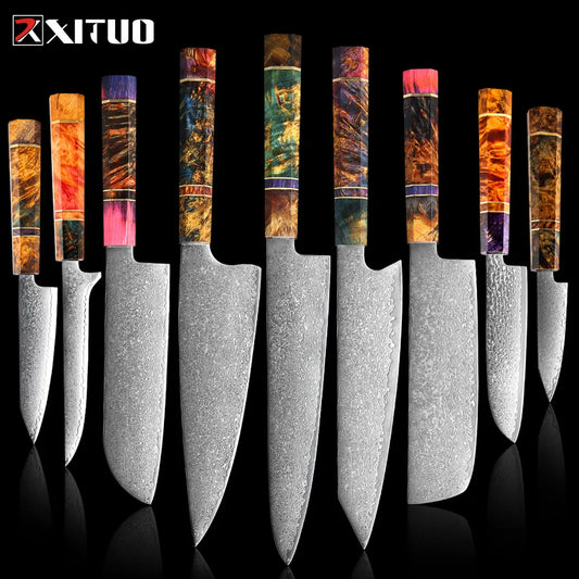 Damascus Steel Kitchen Knife Set with Colorful Wood Handles | Cosmic Collection - 9pc