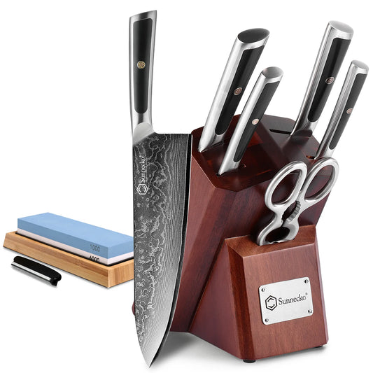 7pc Damascus Steel Kitchen Knife Set with Block  - Black River Collection