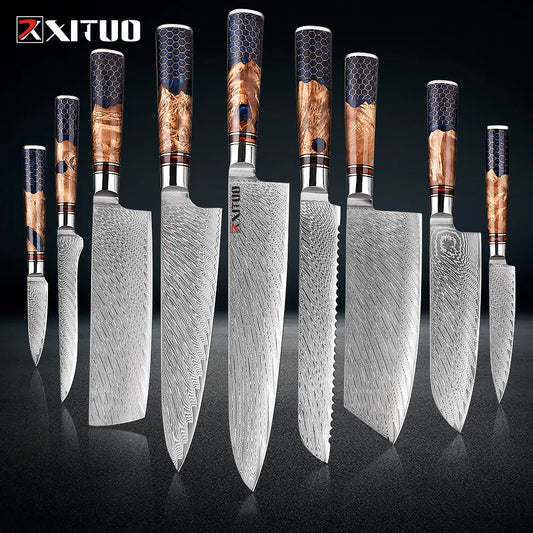 Damascus Steel Kitchen Knife Set with Blue Resin Wood Handles | Midnight Collection - 9pc