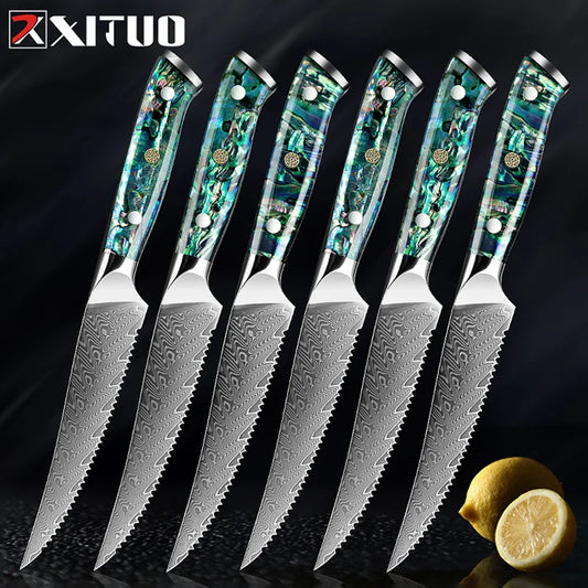 Damascus Steel Steak Knife Set with Abalone Shell Handles | Aquatic Dreams Collection