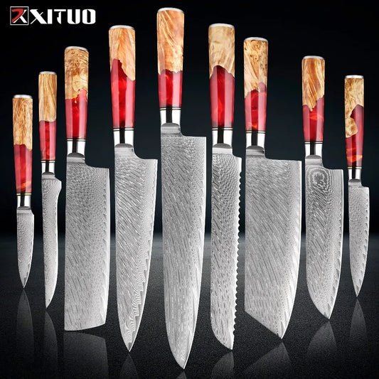 Damascus Steel Kitchen Knife Set with Red Resin Wood Handles | Scarlet Rose Collection - 9pc