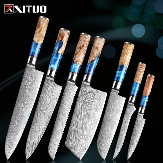 Damascus Steel Kitchen Knife Set with Blue Resin Wood Handles | Ocean Wave Collection - 7pc
