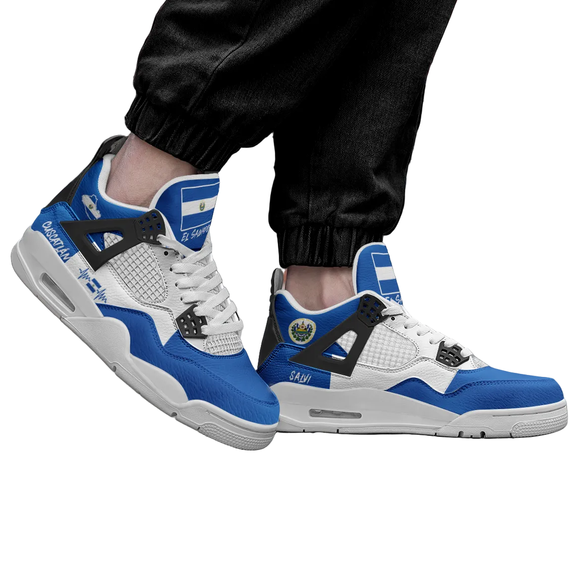 El Salvador flag Rebel Sole mid top sneakers with blue and white design, white laces, Cuscatlan side detail, and Salvadoran pride accents