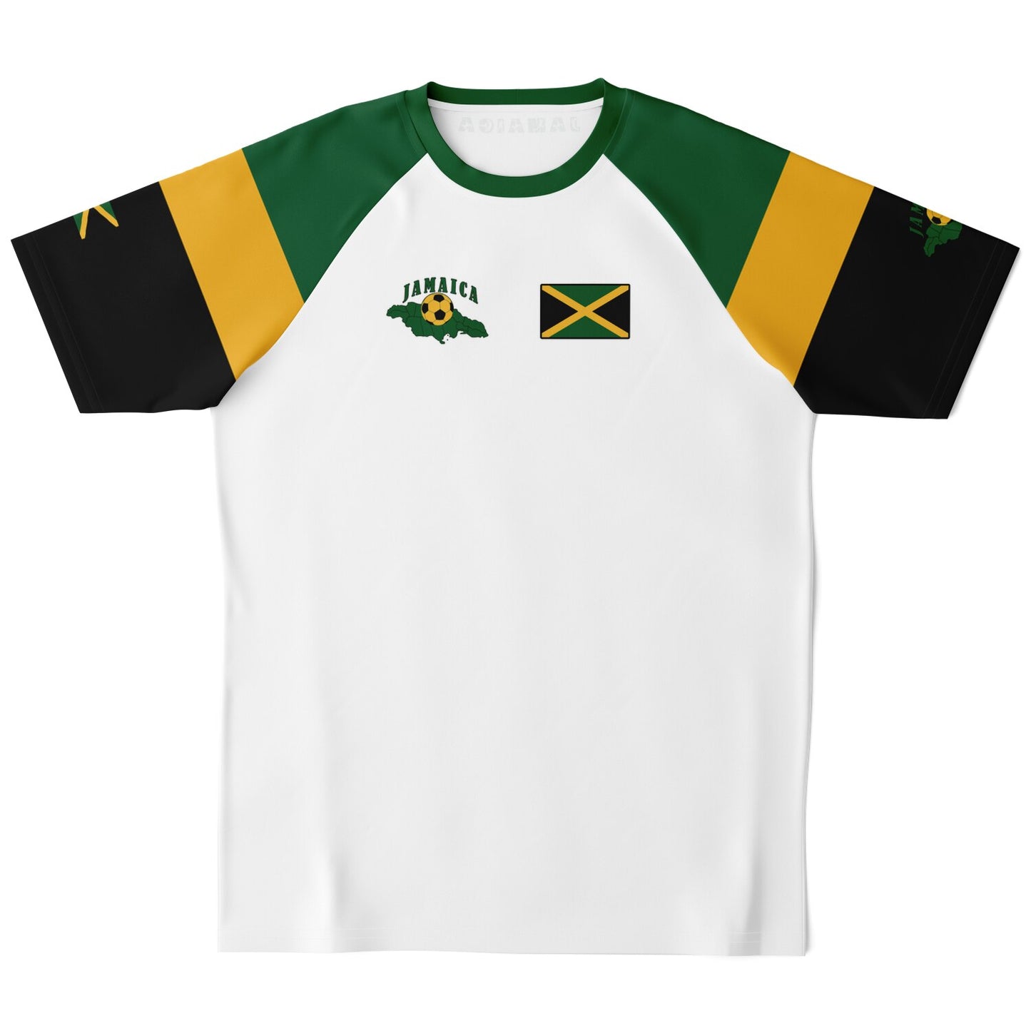 Front of white Jamaica soccer jersey with green and gold raglan shoulders, chest flag and island map.